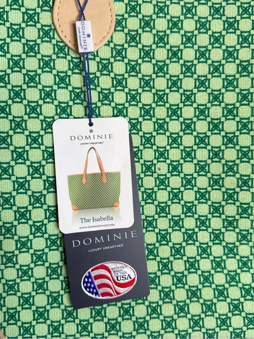 Dominie Green Patterned Tote with Tan Trim and Straps